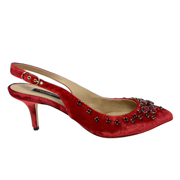 Dolce & Gabbana Red Velvet Crystal Embellished Pointed Toe Slingback Pumps 38 - Picture 1 of 16